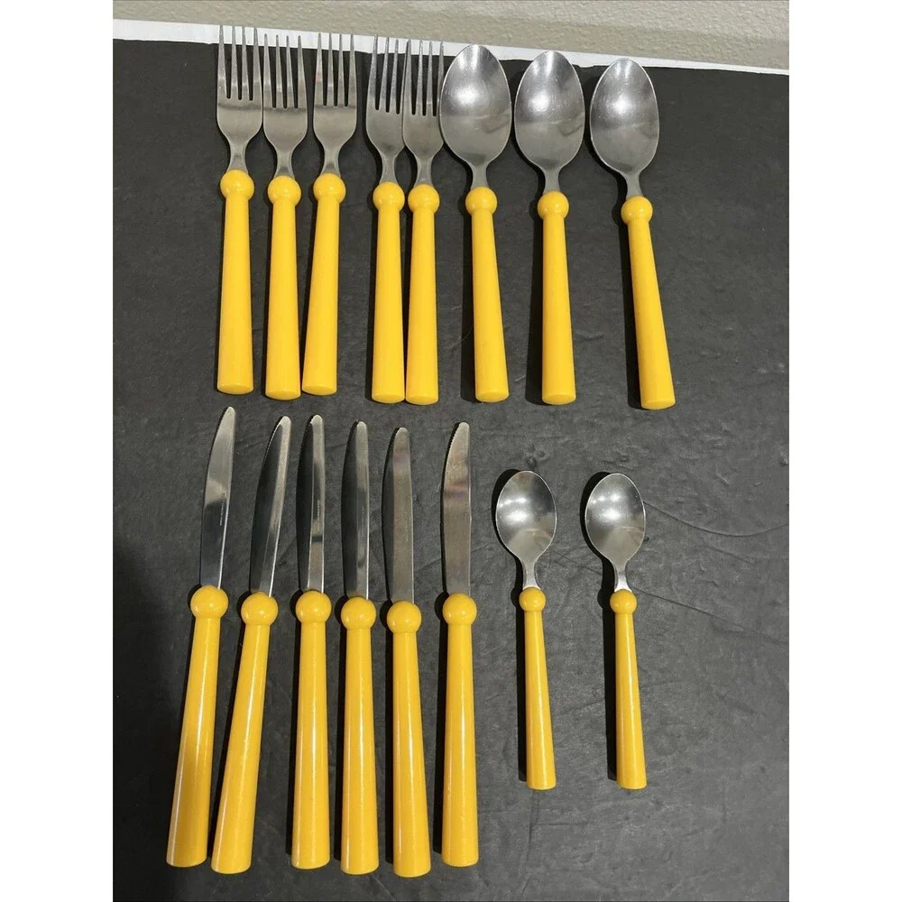 IKEA GRAMMATIK Vtg 1990s Canary Yellow Flatware Lot Of 16 Cutlery Silverware